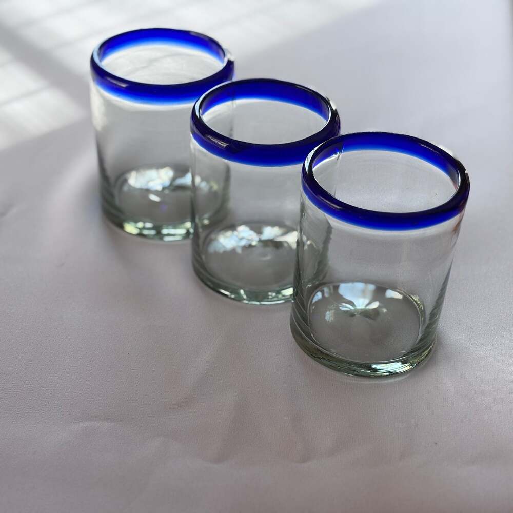 Hand Blown Mexican Drinking Glasses Set of 3 Cobalt Blue Rim Recycled Tumblers